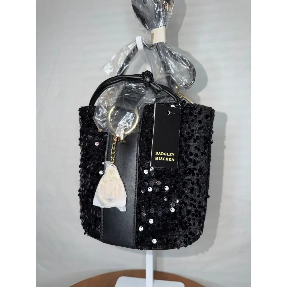 Badgley Mischka Black Sequin Bucket Bag NWT Crossbody MSRP $159
